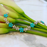 Natural Pear Turquoise Moonstone Diamond Cherry Blossom Bracelet 14k Yellow Gold