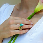 Natural Peridot Turquoise Moonstone Diamond Flower Blossom Cocktail Ring 14k yellow gold