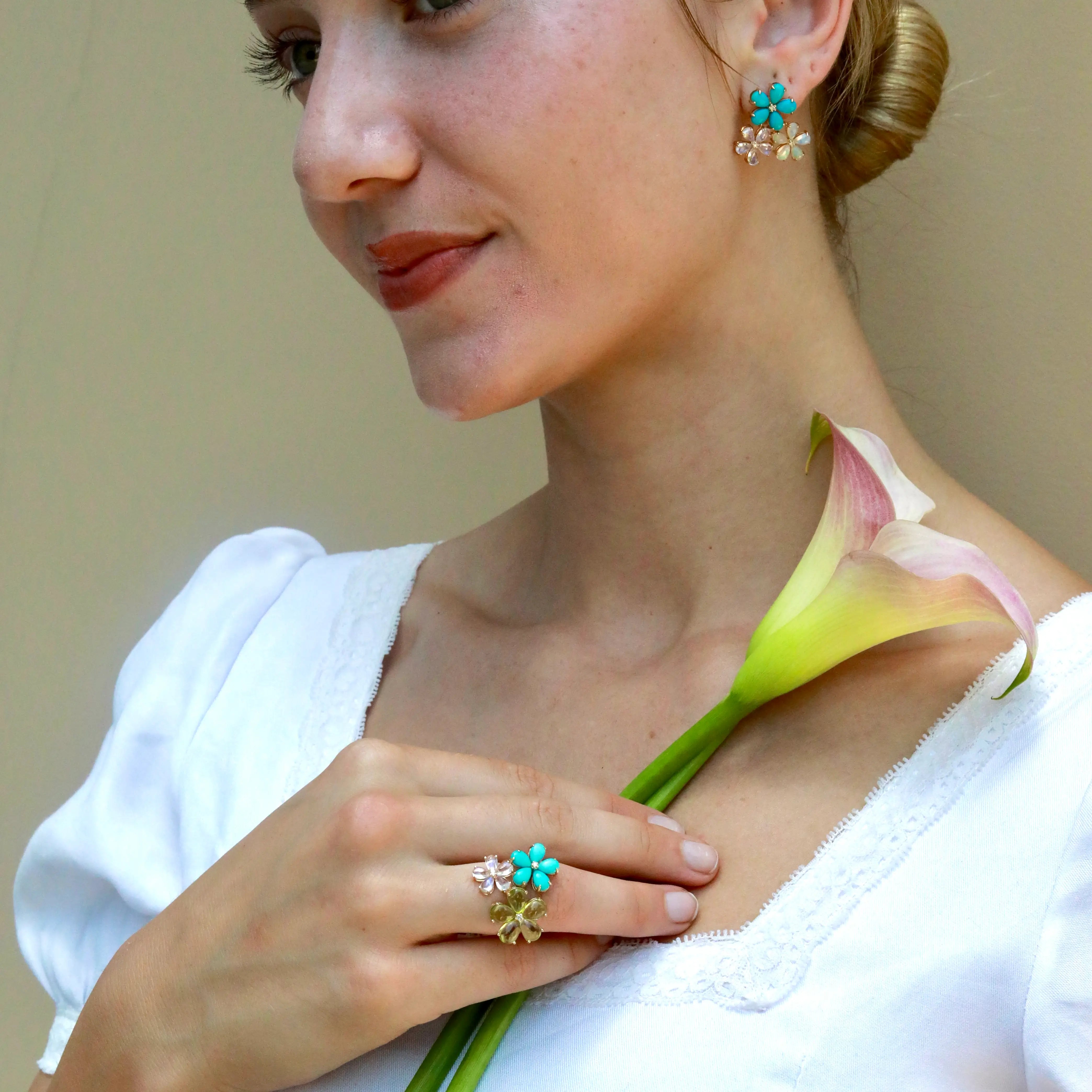 Natural Peridot Turquoise Moonstone Diamond Flower Blossom Cocktail Ring 14k yellow gold