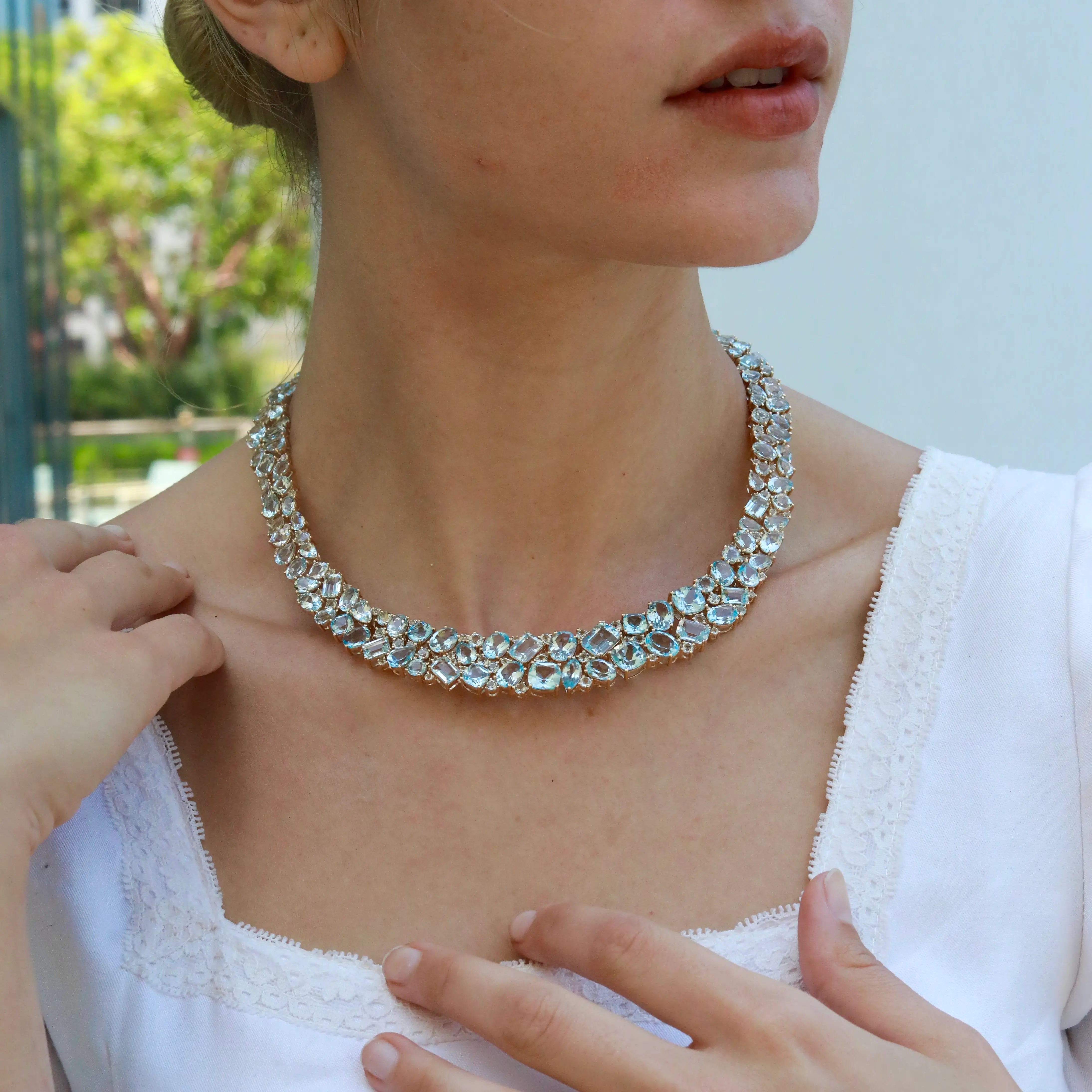 Secret Ocean Aquamarine, Topaz & Diamond Collar Necklace 14K yellow gold