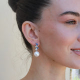 Natural Sapphire, Aquamarine and Diamond Cultured Pearl Drop Earrings 14k yellow gold
