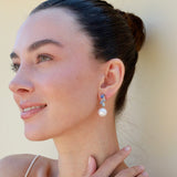 Natural Sapphire, Aquamarine and Diamond Cultured Pearl Drop Earrings 14k yellow gold