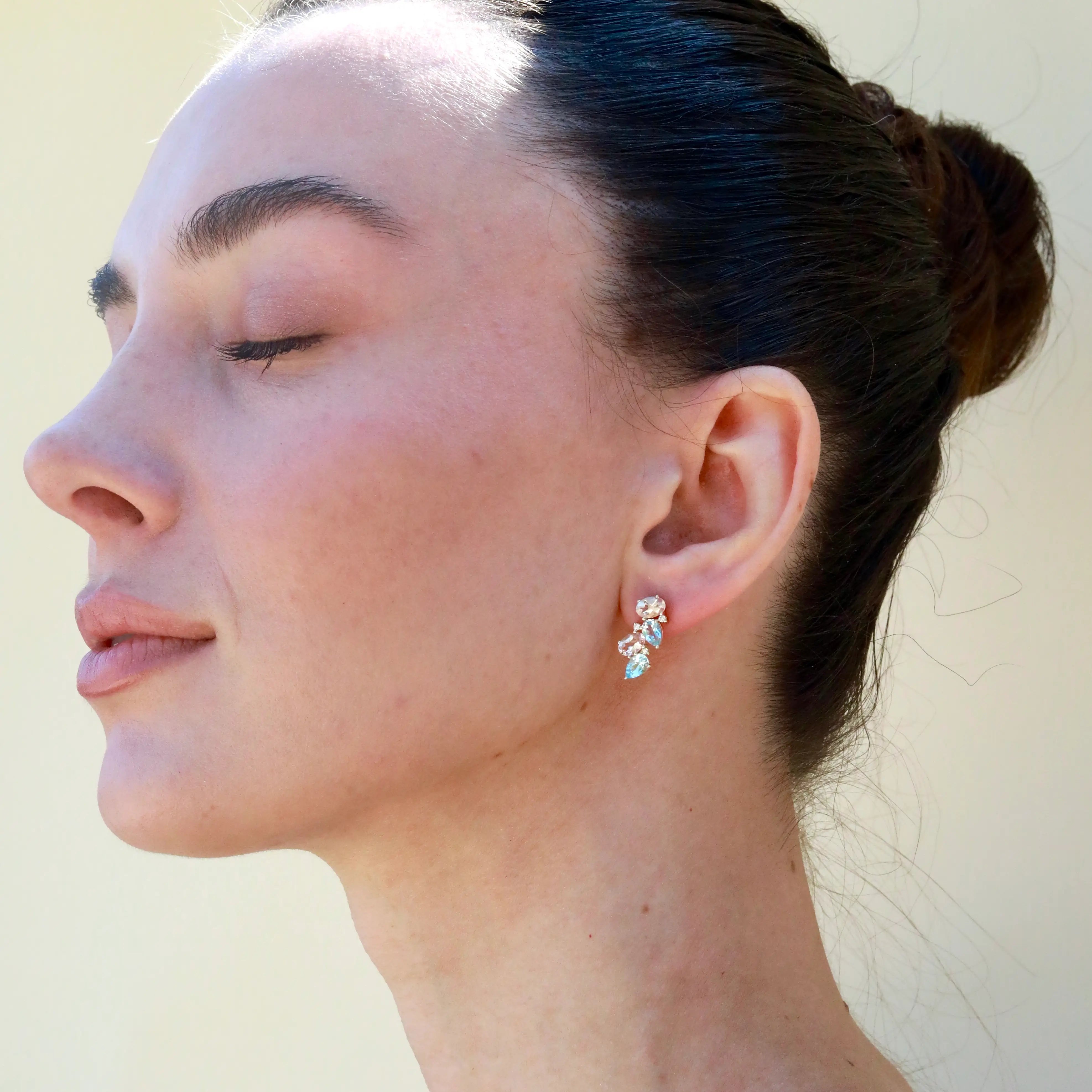 Natural Aquamarine, Morganite and Diamond Cluster Earrings 14k yellow gold
