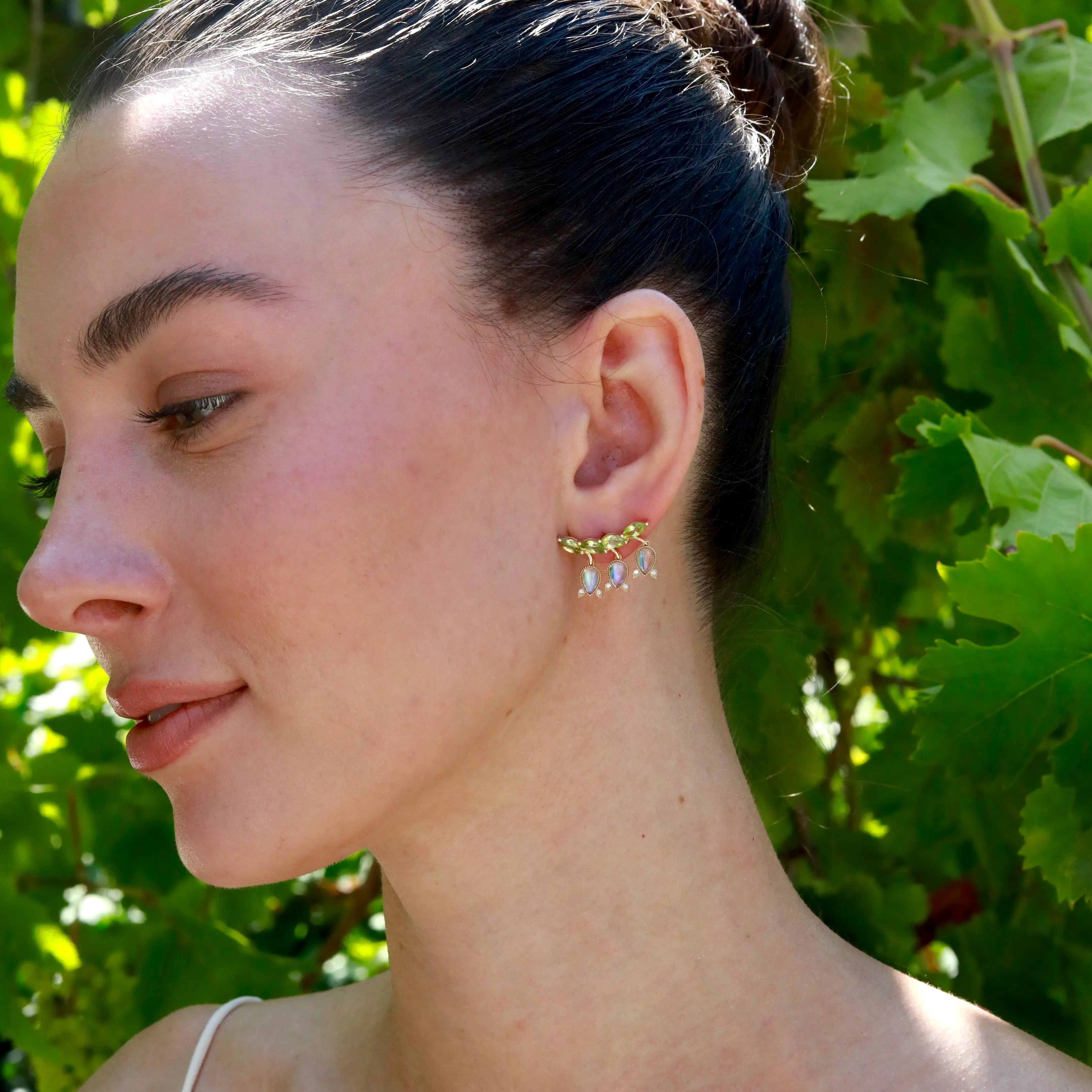 Lily of the Valley Natural Moonstone Peridot Diamond Earrings 14k yellow gold