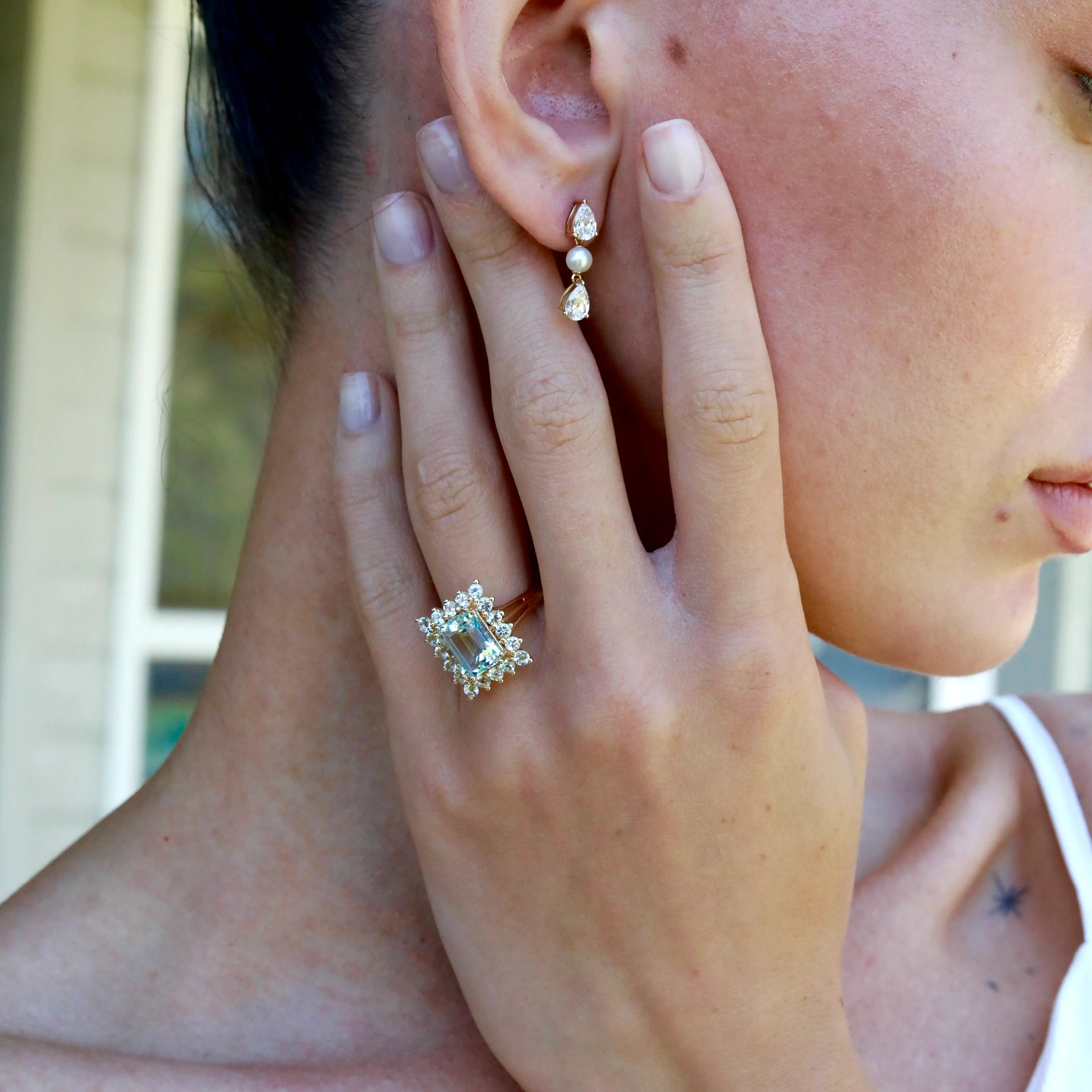 14k yellow gold natural sky blue aquamarine cocktail ring