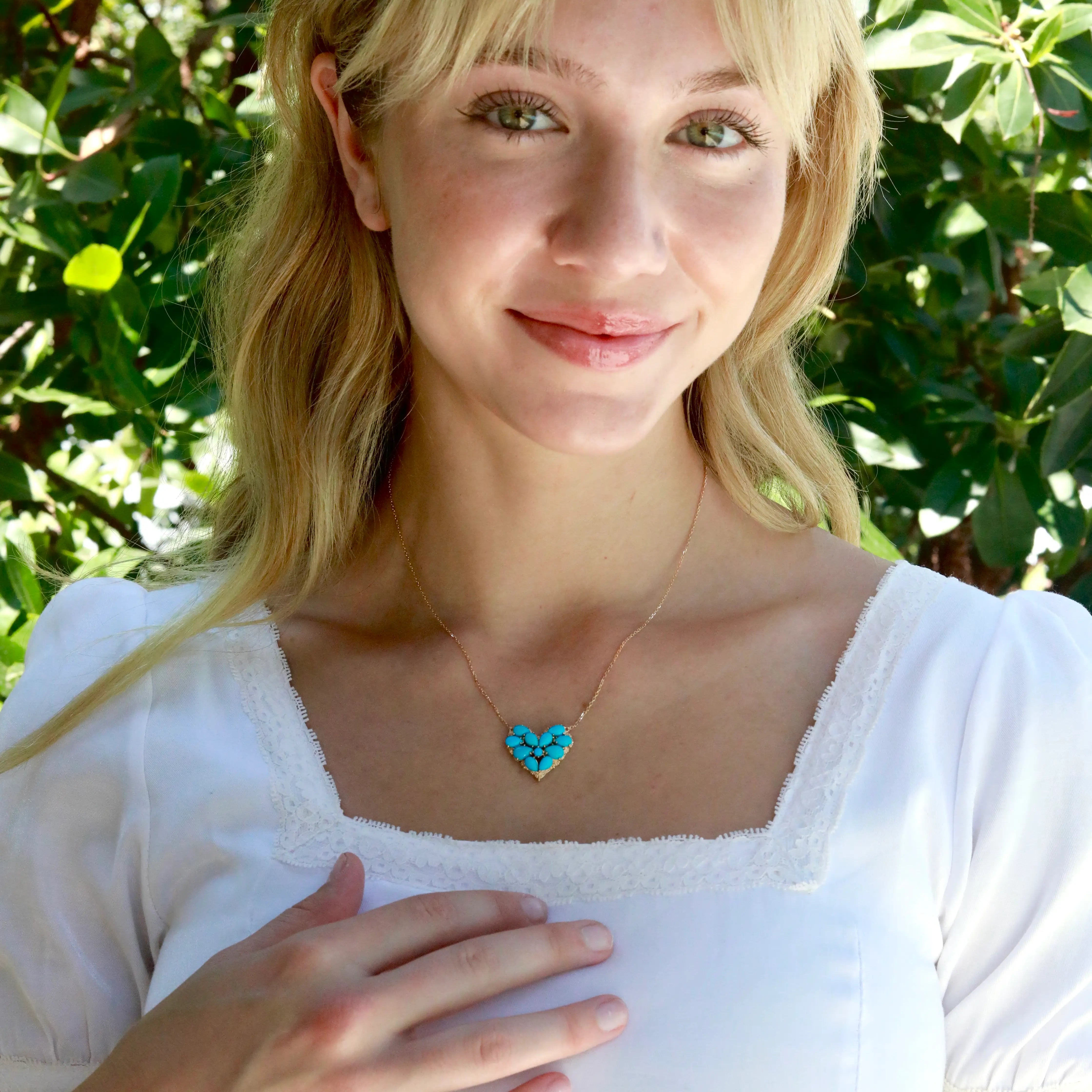 Fantasy Natural Turquoise Heart Pendant Necklace 14k yellow gold