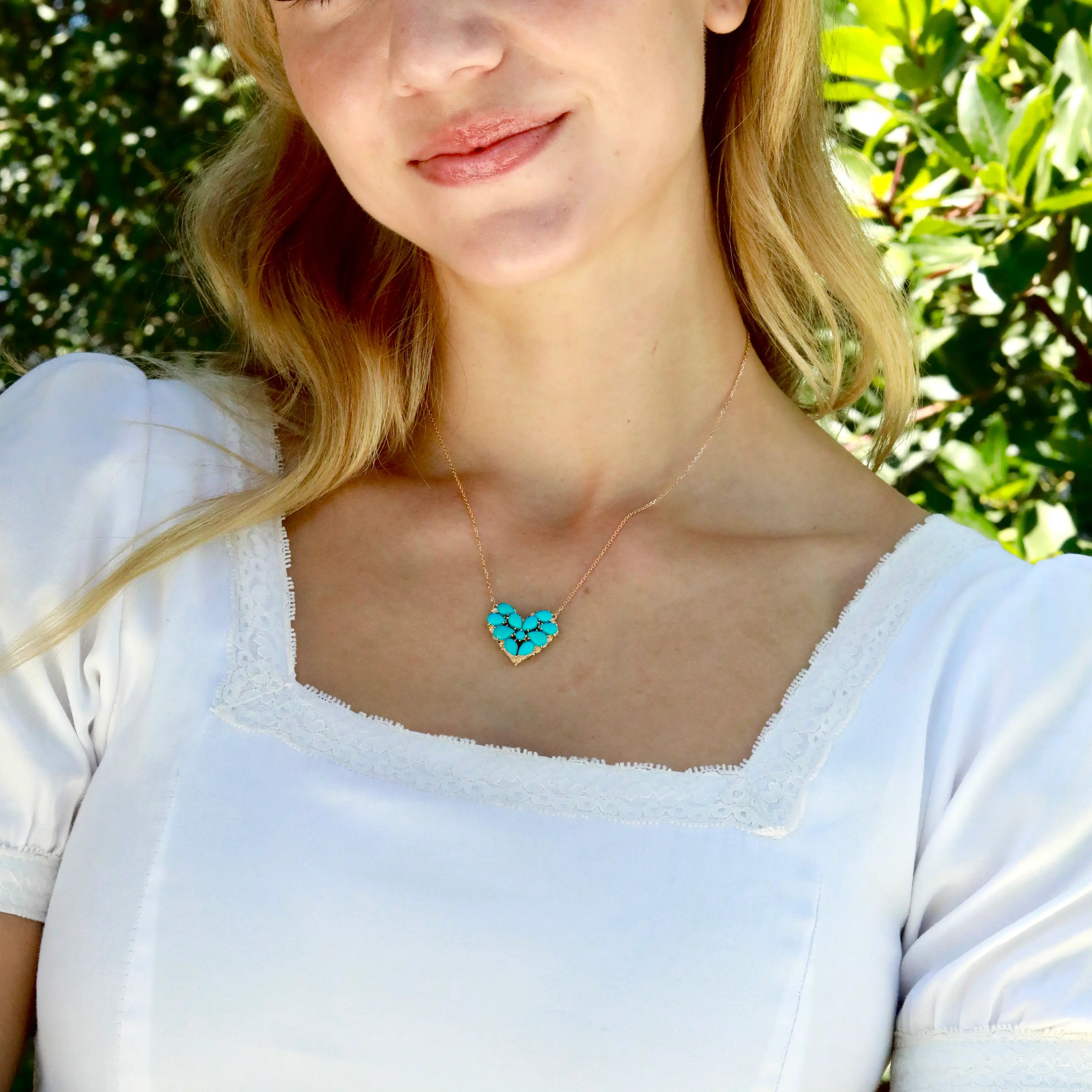 Fantasy Natural Turquoise Heart Pendant Necklace 14k yellow gold