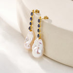 Natural Blue Sapphire Diamond and Baroque Pearl Drop Earrings 14k yellow gold