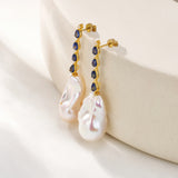 Natural Blue Sapphire Diamond and Baroque Pearl Drop Earrings 14k yellow gold