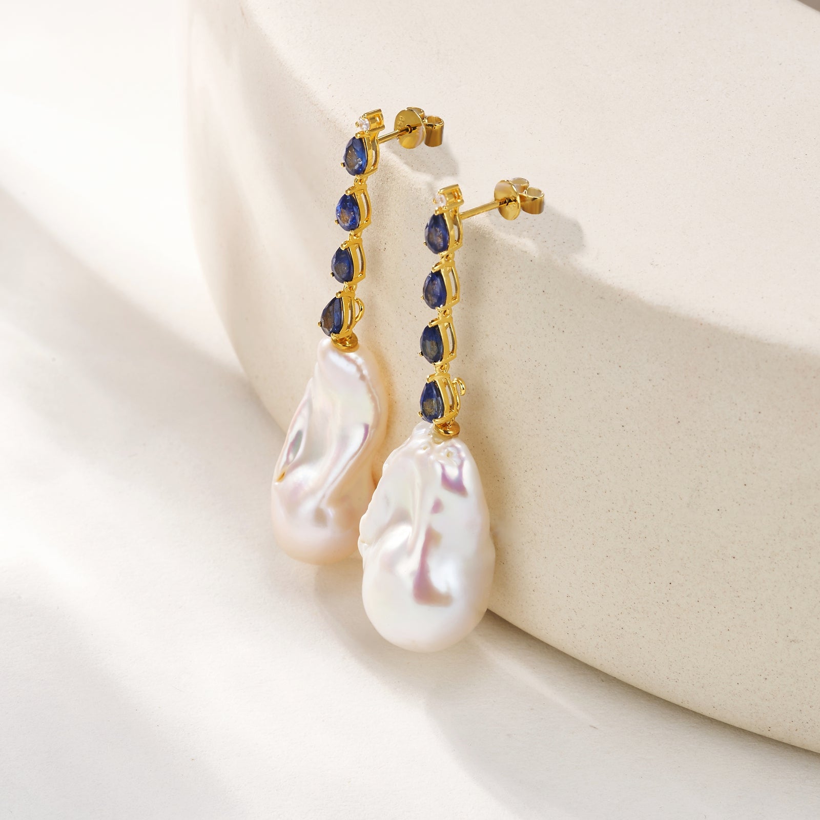 Natural Blue Sapphire Diamond and Baroque Pearl Drop Earrings 14k yellow gold