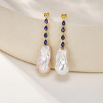 Natural Blue Sapphire Diamond and Baroque Pearl Drop Earrings 14k yellow gold