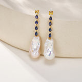Natural Blue Sapphire Diamond and Baroque Pearl Drop Earrings 14k yellow gold