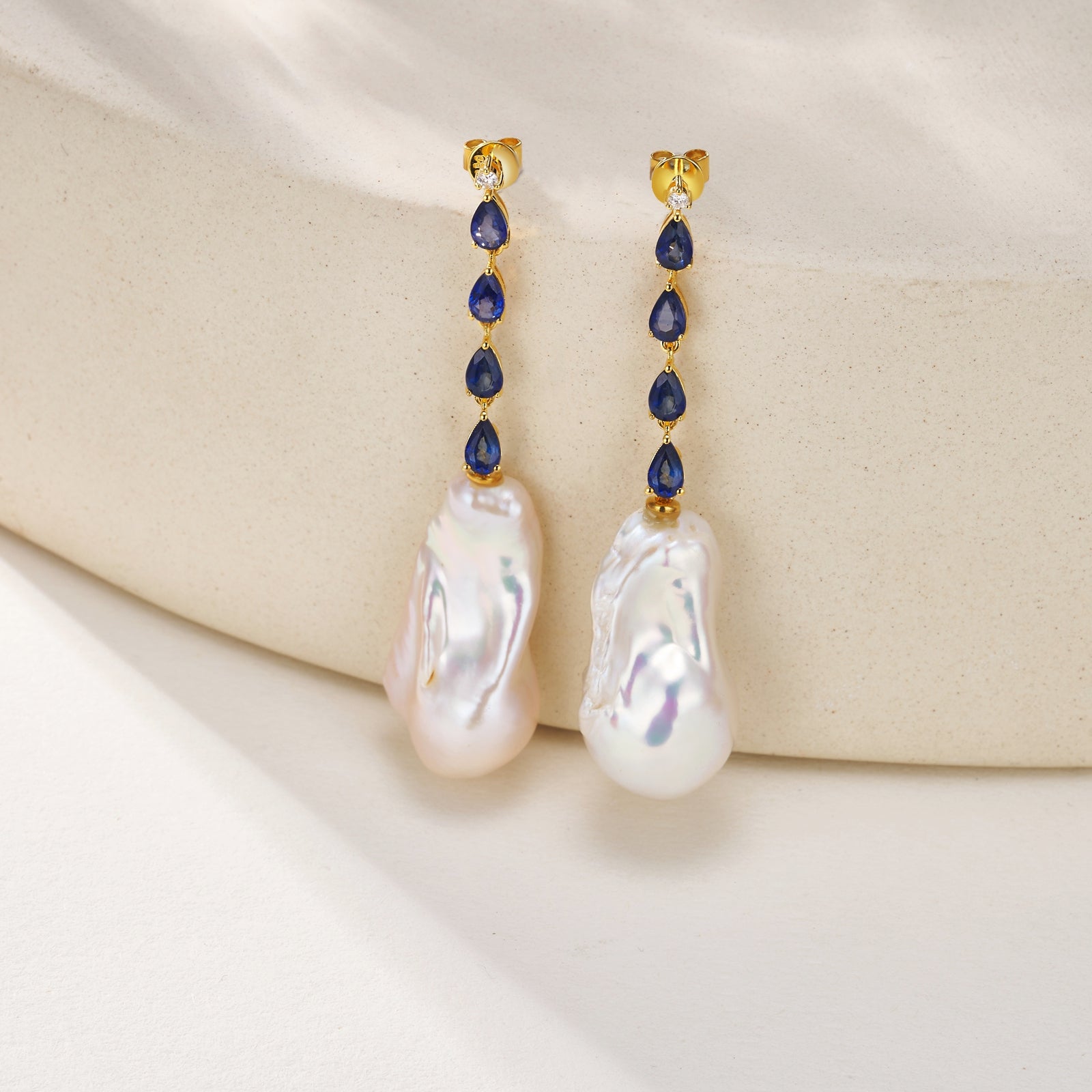 Natural Blue Sapphire Diamond and Baroque Pearl Drop Earrings 14k yellow gold