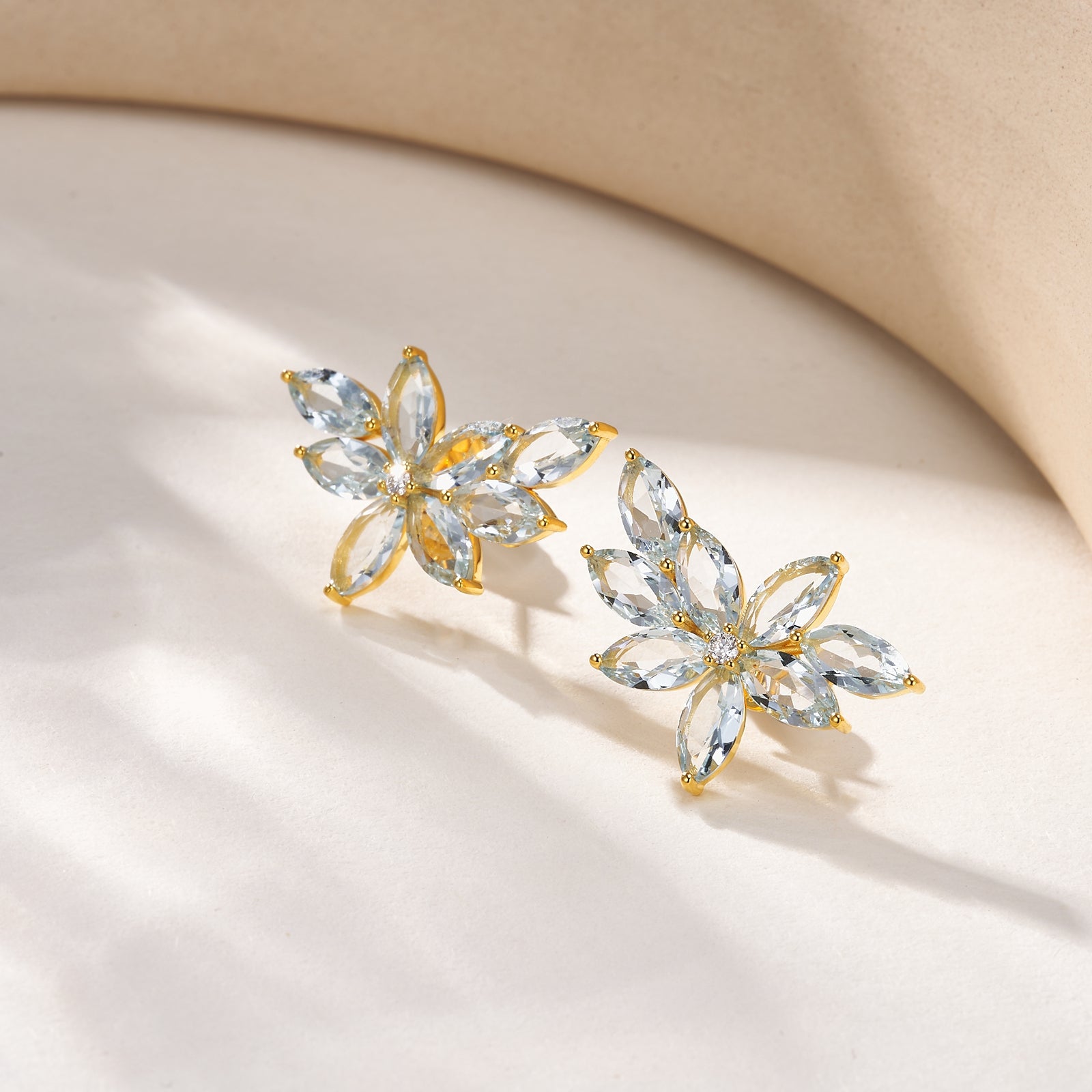 natural Aquamarine Diamond Cluster Earrings 14k yellow gold