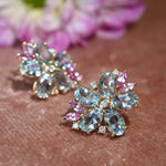 Aquamarine Pink Sapphire Diamond Blossom Earrings 14k yellow gold