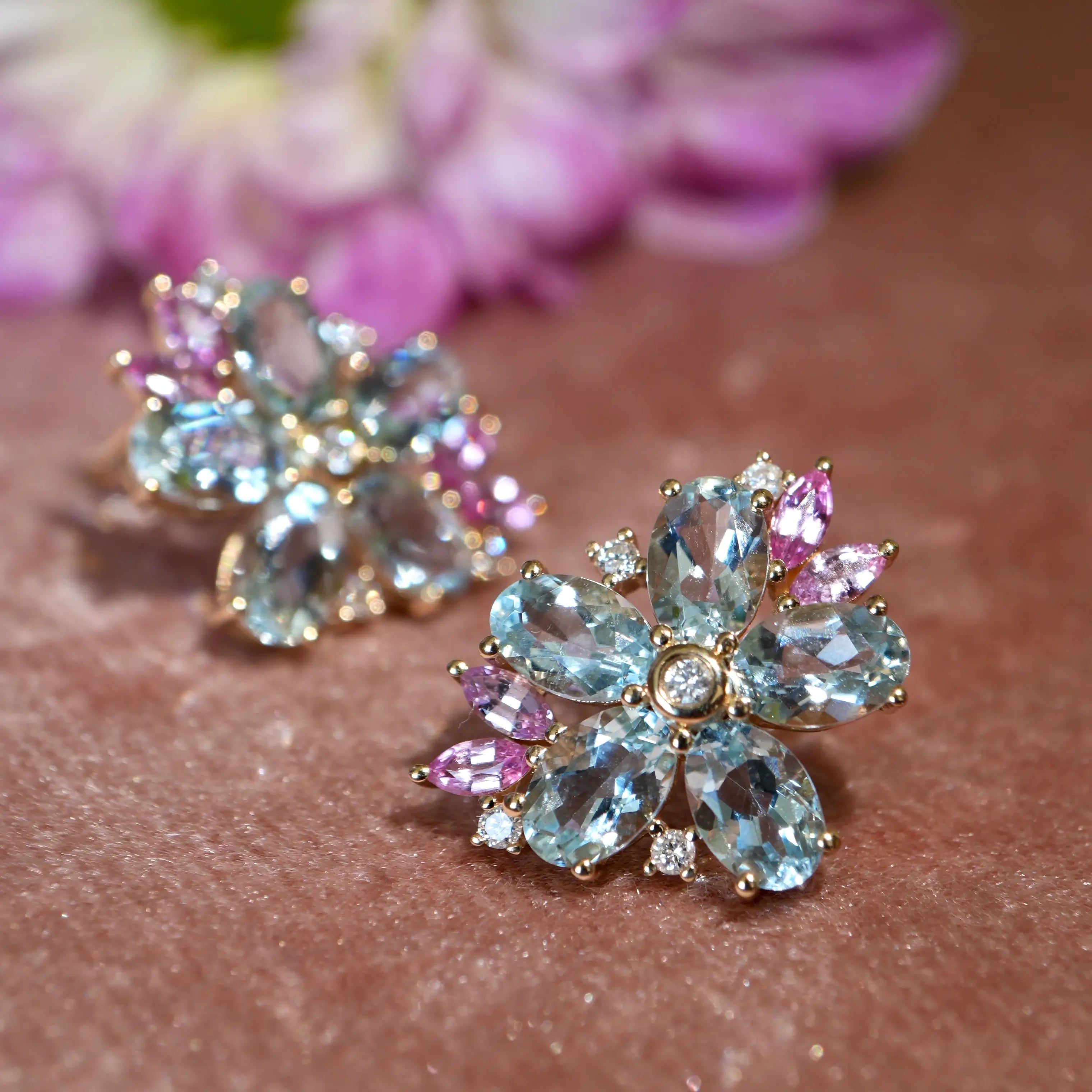 Aquamarine Pink Sapphire Diamond Blossom Earrings 14k yellow gold
