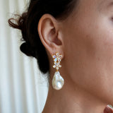 Moonstone Diamond Double Blossom Pearl Convertible Drop Earrings
