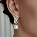 Moonstone Diamond Double Blossom Baroque Pearl Convertible Drop Earrings