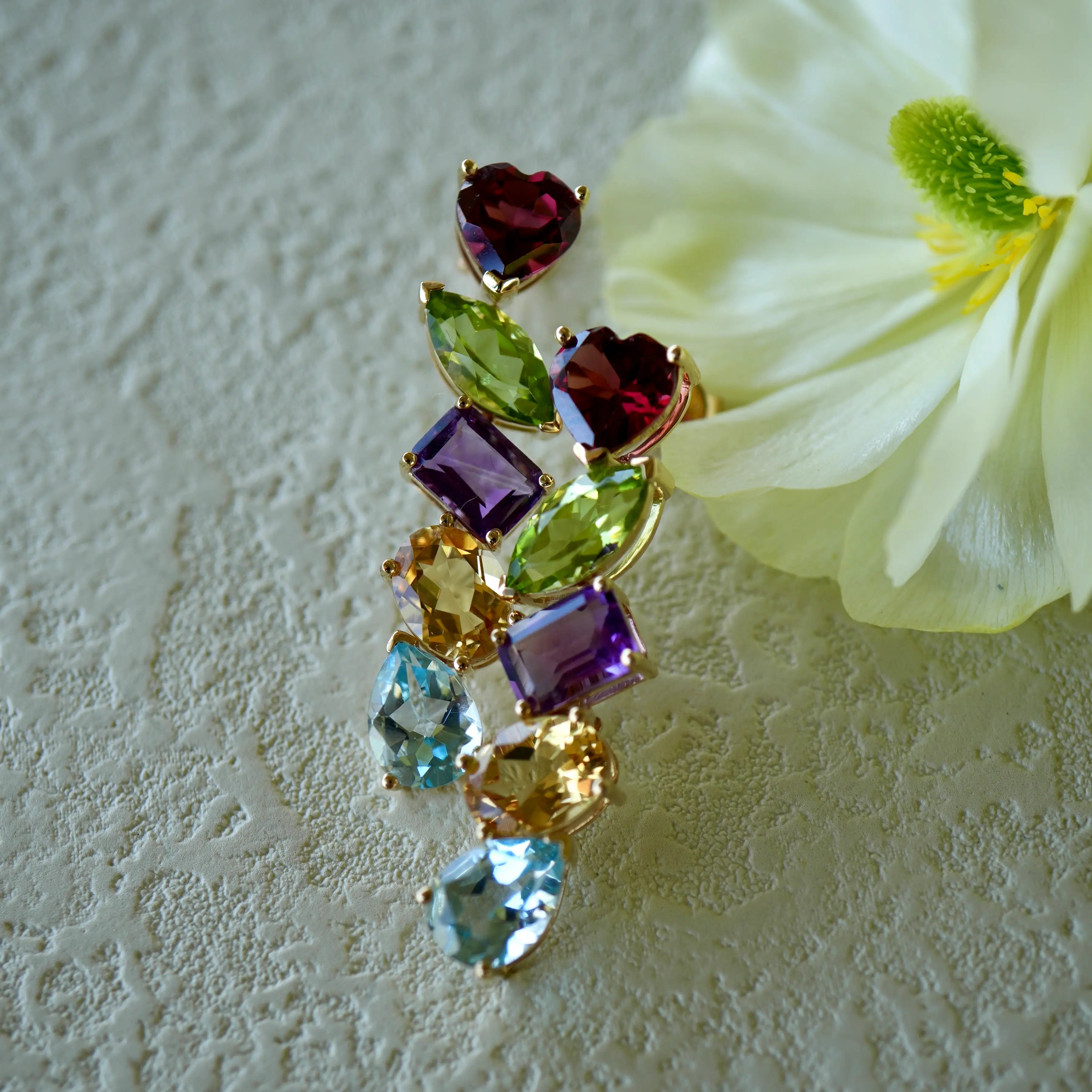 Secret Garden Multi Gemstone Drop Earrings Garnet Peridot Amethyst Citrine Topaz 14k yellow gold
