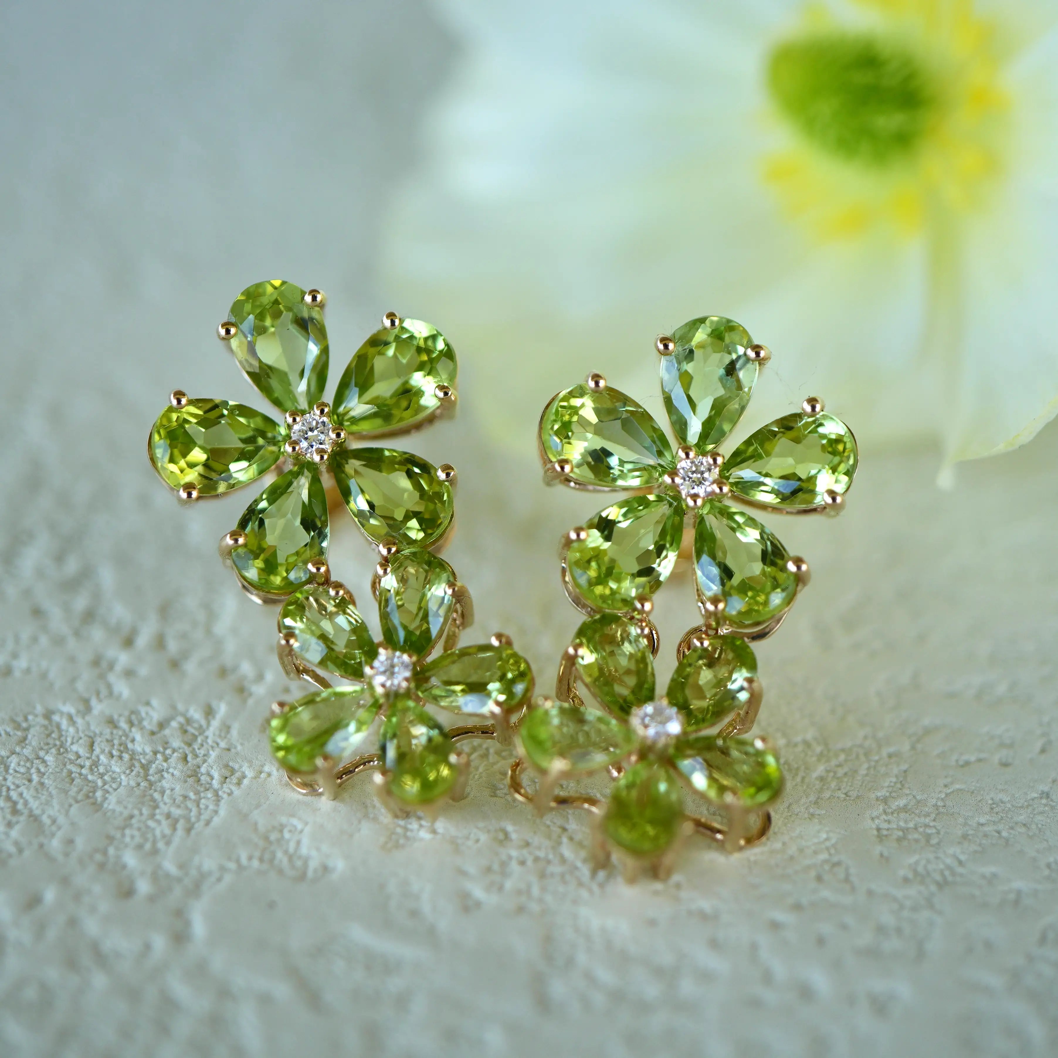 Peridot Diamond Double Blossom Drop Earrings 14k yellow gold