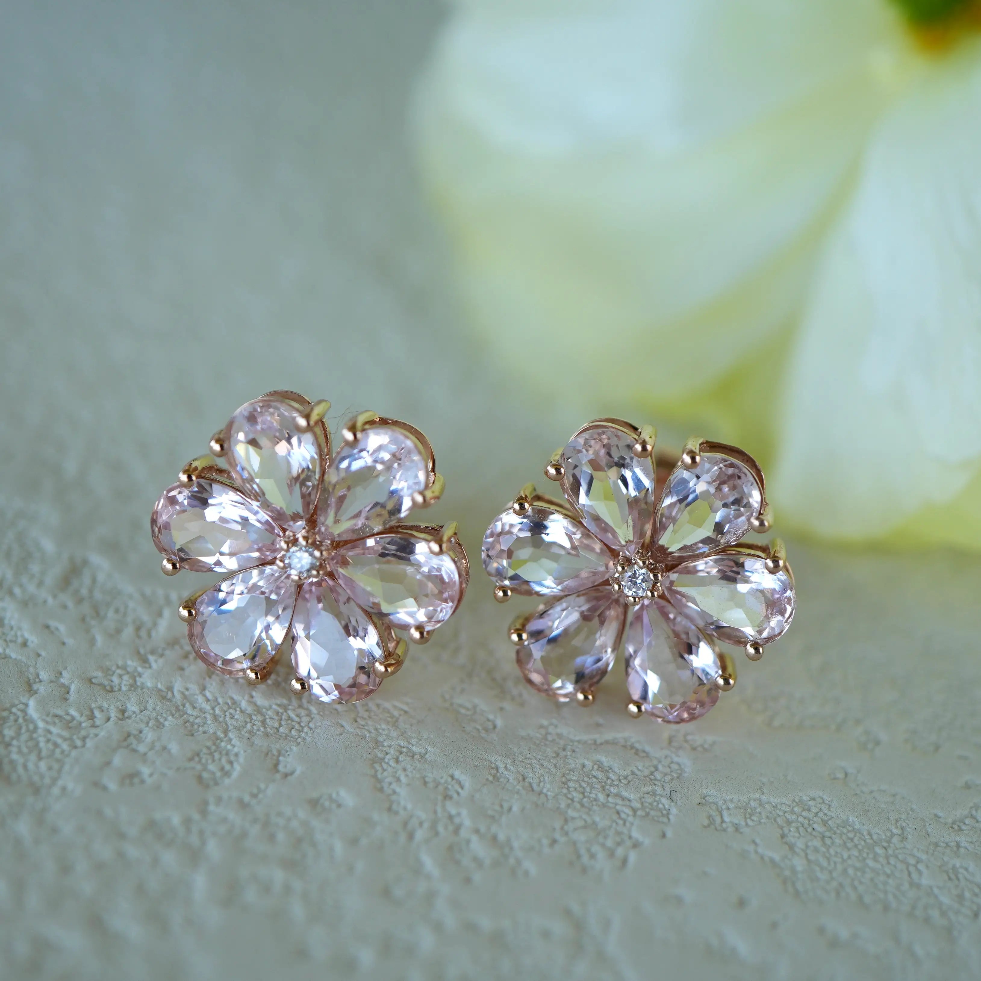 Morganite Diamond Forget-me-Not Flower Earrings 14k yellow gold