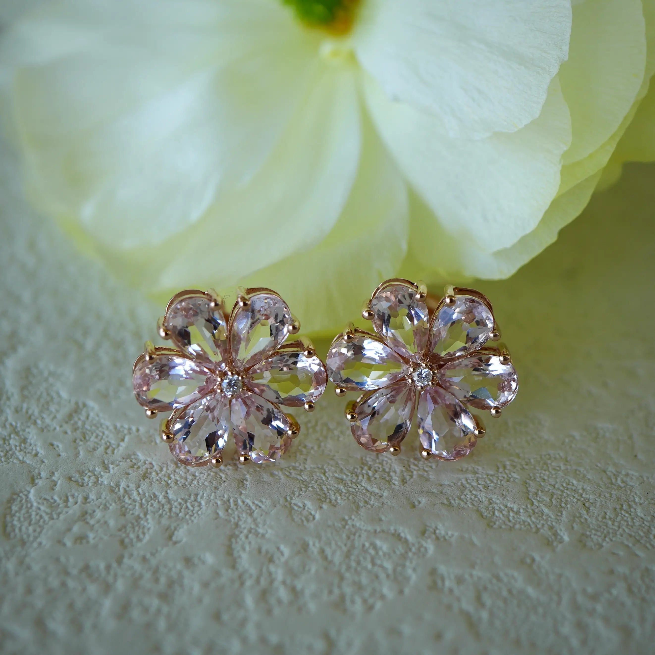 Morganite Diamond Forget-me-Not Flower Earrings 14k yellow gold