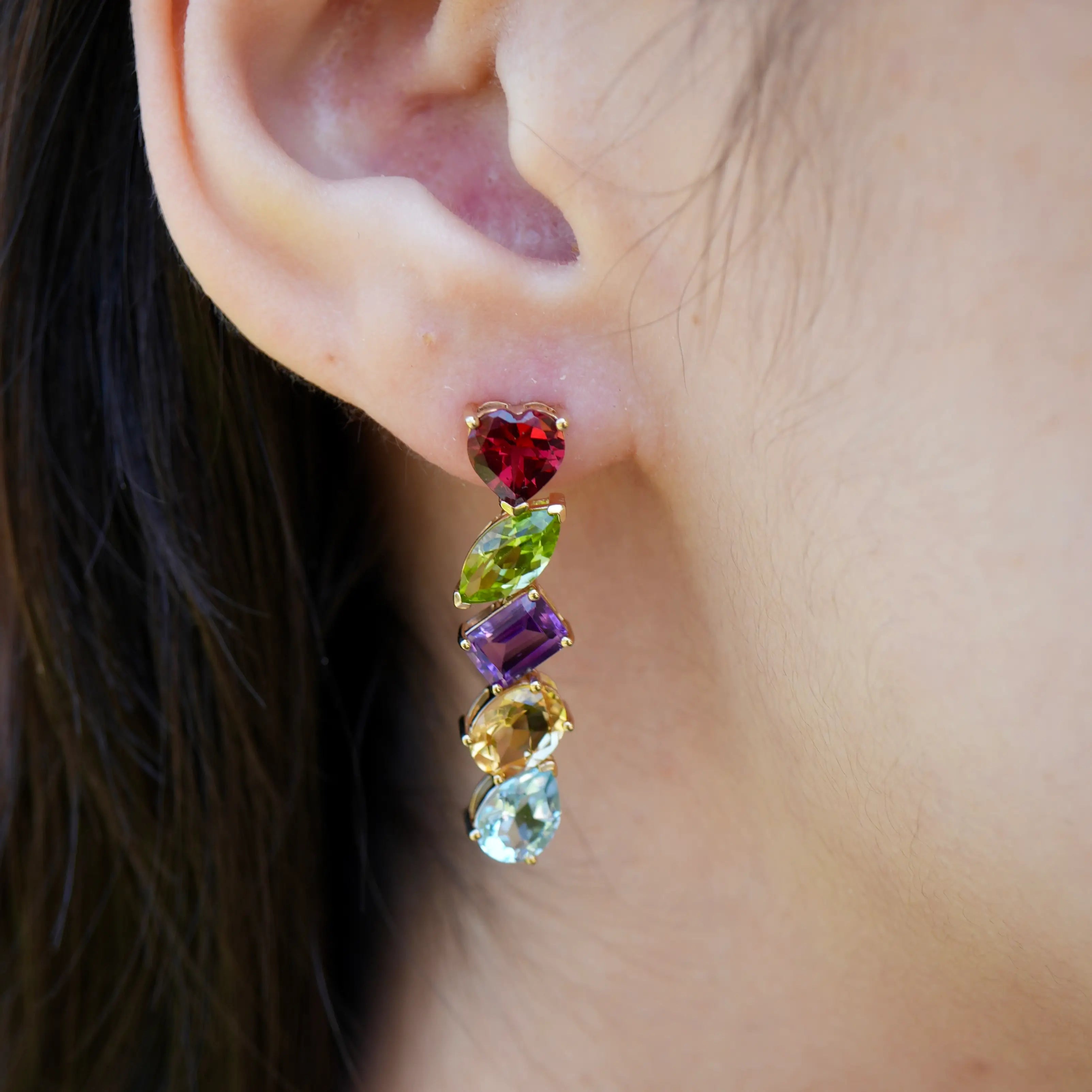 Secret Garden Multi Gemstone Drop Earrings Garnet Peridot Amethyst Citrine Topaz 14k yellow gold