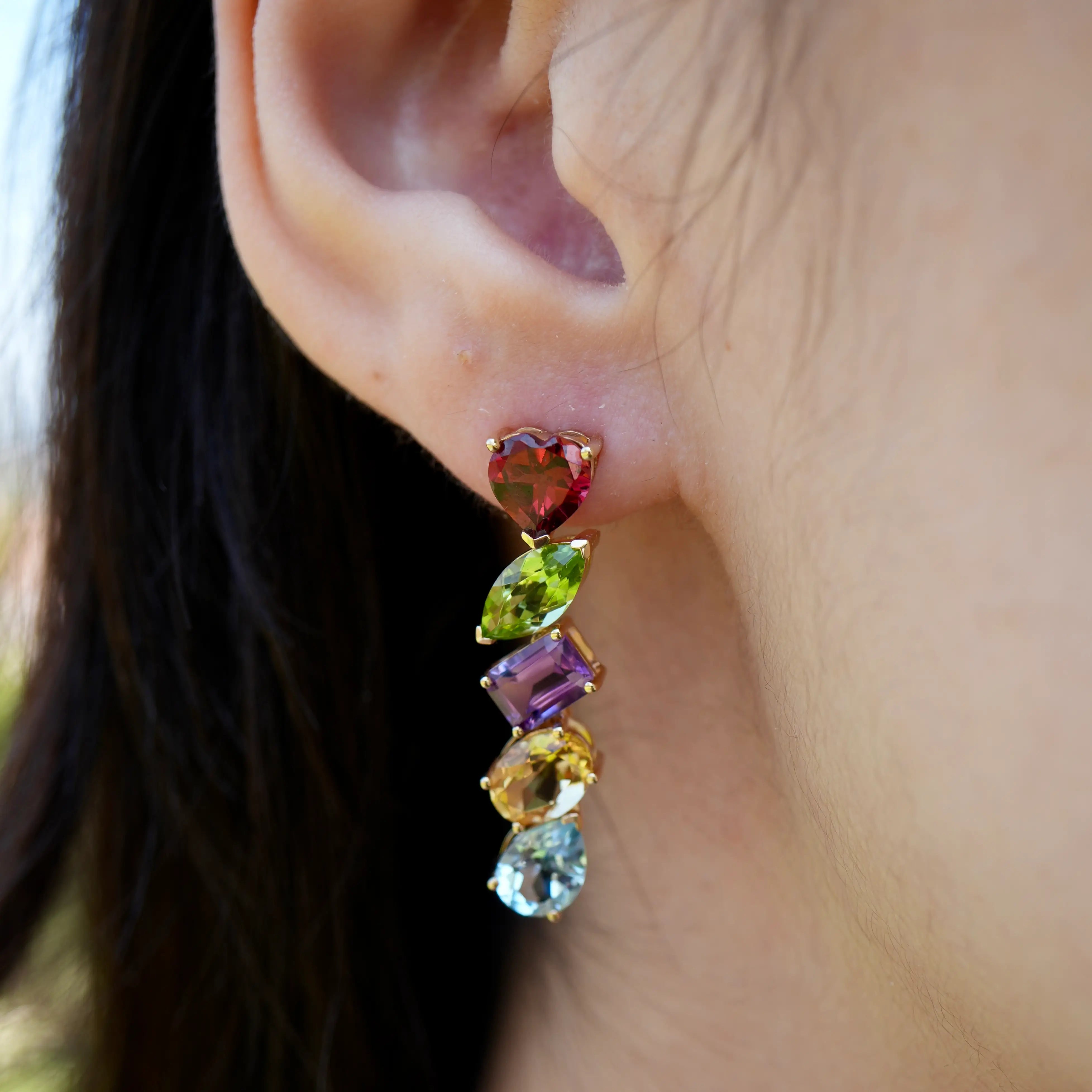 Secret Garden Multi Gemstone Drop Earrings Garnet Peridot Amethyst Citrine Topaz 14k yellow gold