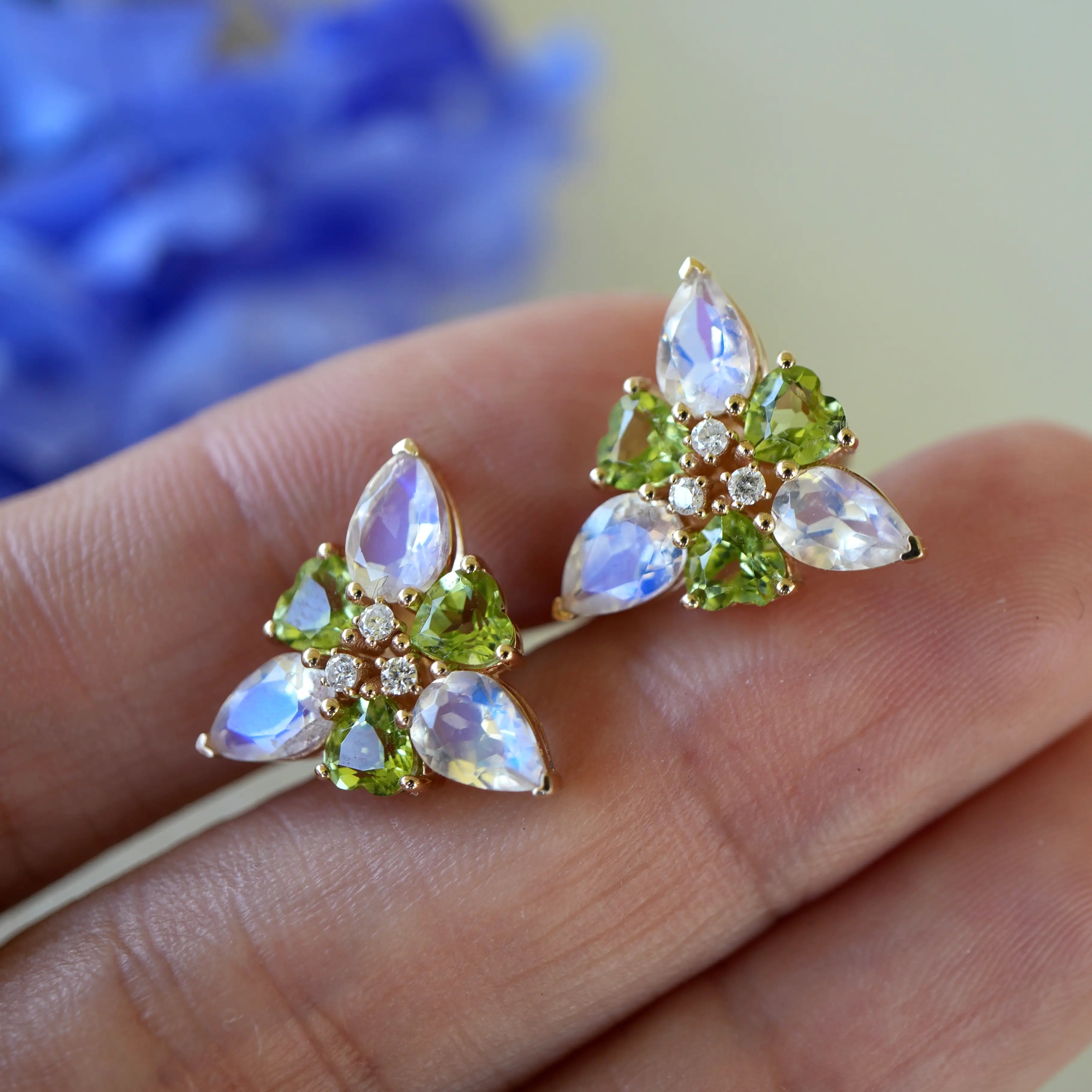 Moonstone Peridot Diamond Snowdrop Flower Earrings Birth Flower in 14k Yellow Gold