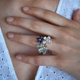 Aquamarine Moonstone Sapphire Diamond Flower Blossom Cocktail Ring