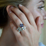 Aquamarine Moonstone Sapphire Diamond Flower Blossom Cocktail Ring