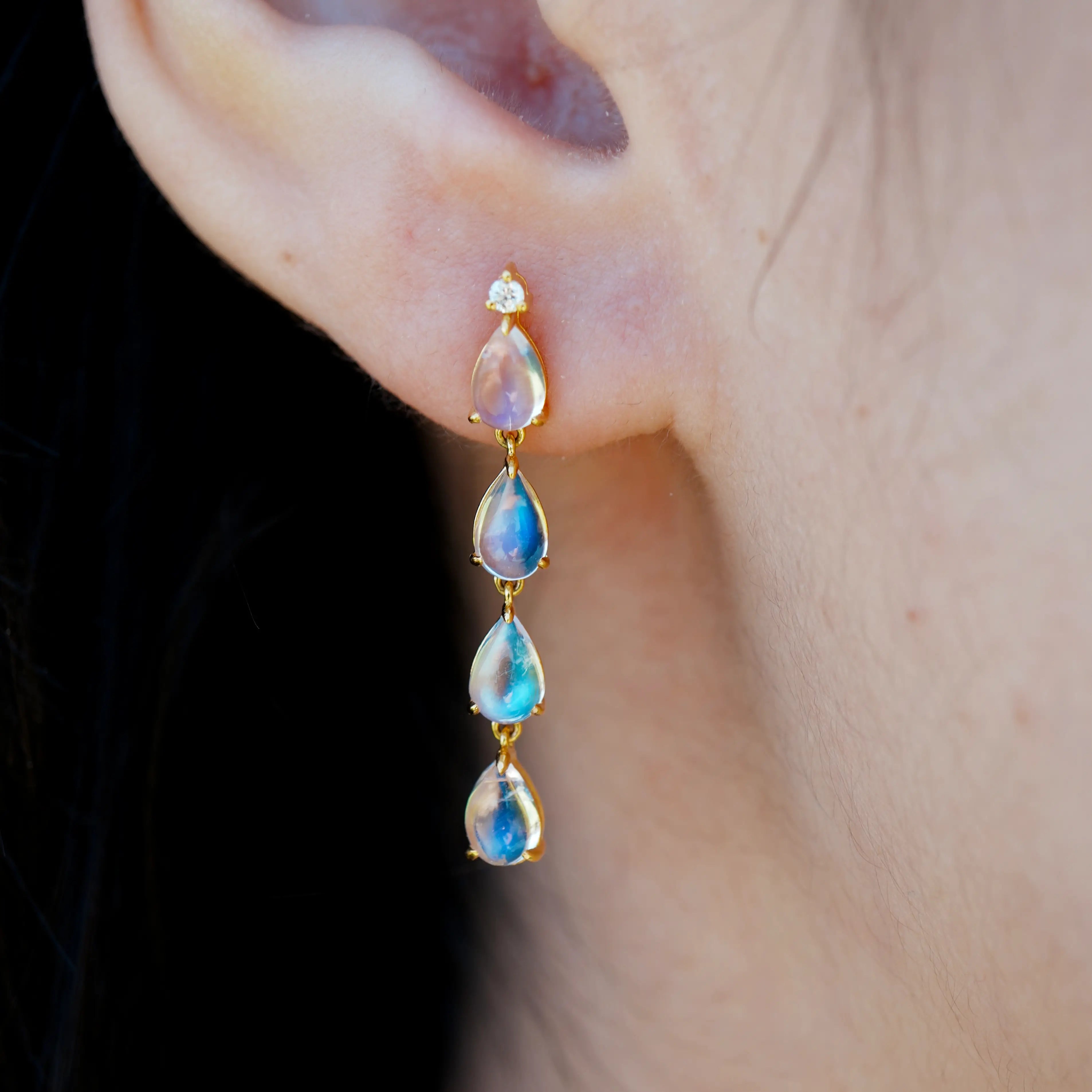 natural Moonstone Diamond Drop Earrings 18k yellow gold