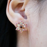 Carnation Flower Natural Morganite, Pink Sapphire & Rhodolite Garnet Earrings 14k rose gold