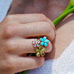 Natural Peridot Turquoise Moonstone Diamond Flower Blossom Cocktail Ring 14k yellow gold