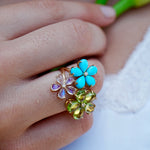 Natural Peridot Turquoise Moonstone Diamond Flower Blossom Cocktail Ring 14k yellow gold