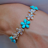 Natural Pear Turquoise Moonstone Diamond Cherry Blossom Bracelet 14k Yellow Gold