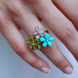 Natural Peridot Turquoise Moonstone Diamond Flower Blossom Cocktail Ring 14k yellow gold