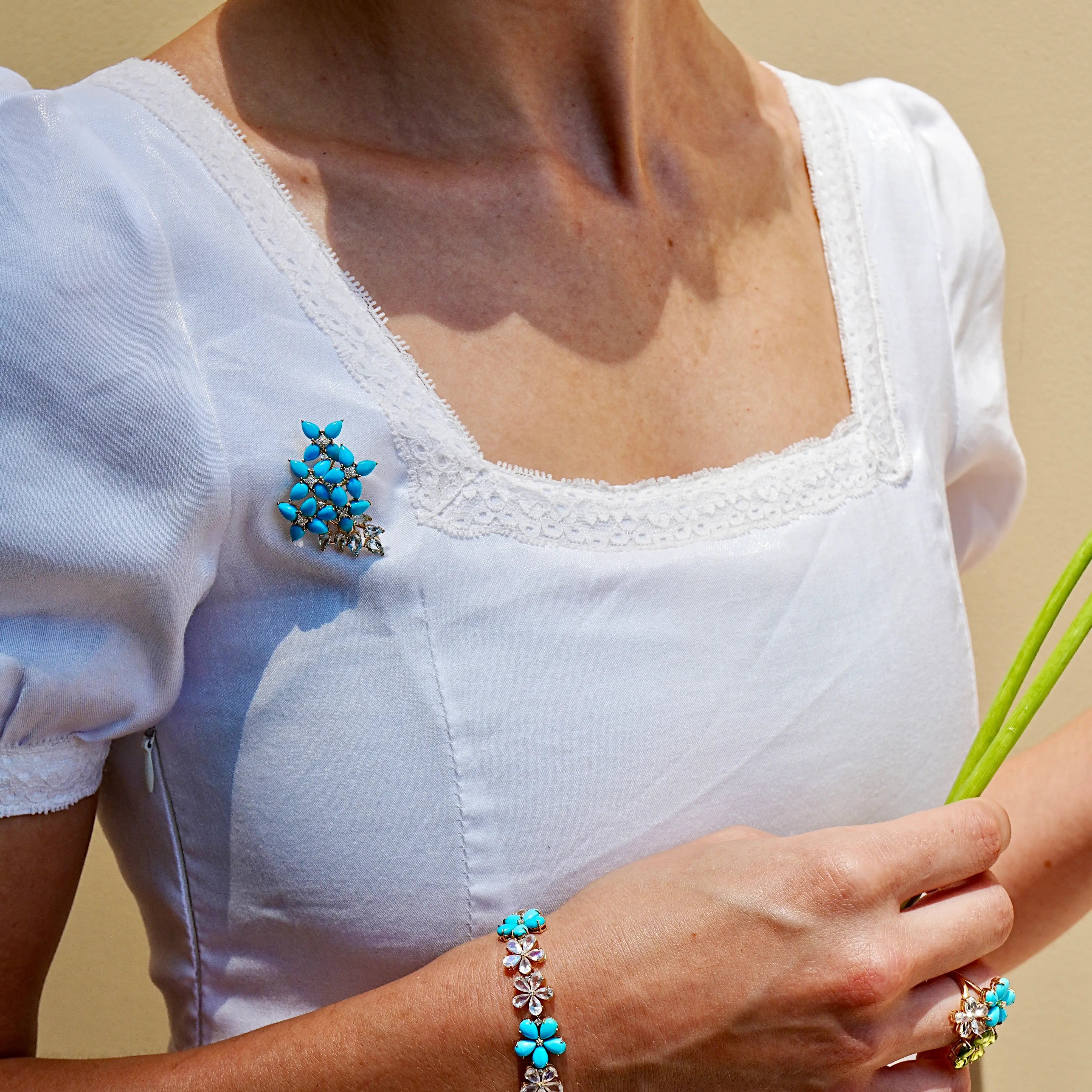 Hydrangea Blossom natural Turquoise Aquamarine Diamond Convertible Brooch  14k yellow gold
