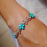 Natural Pear Turquoise Moonstone Diamond Cherry Blossom Bracelet 14k Yellow Gold