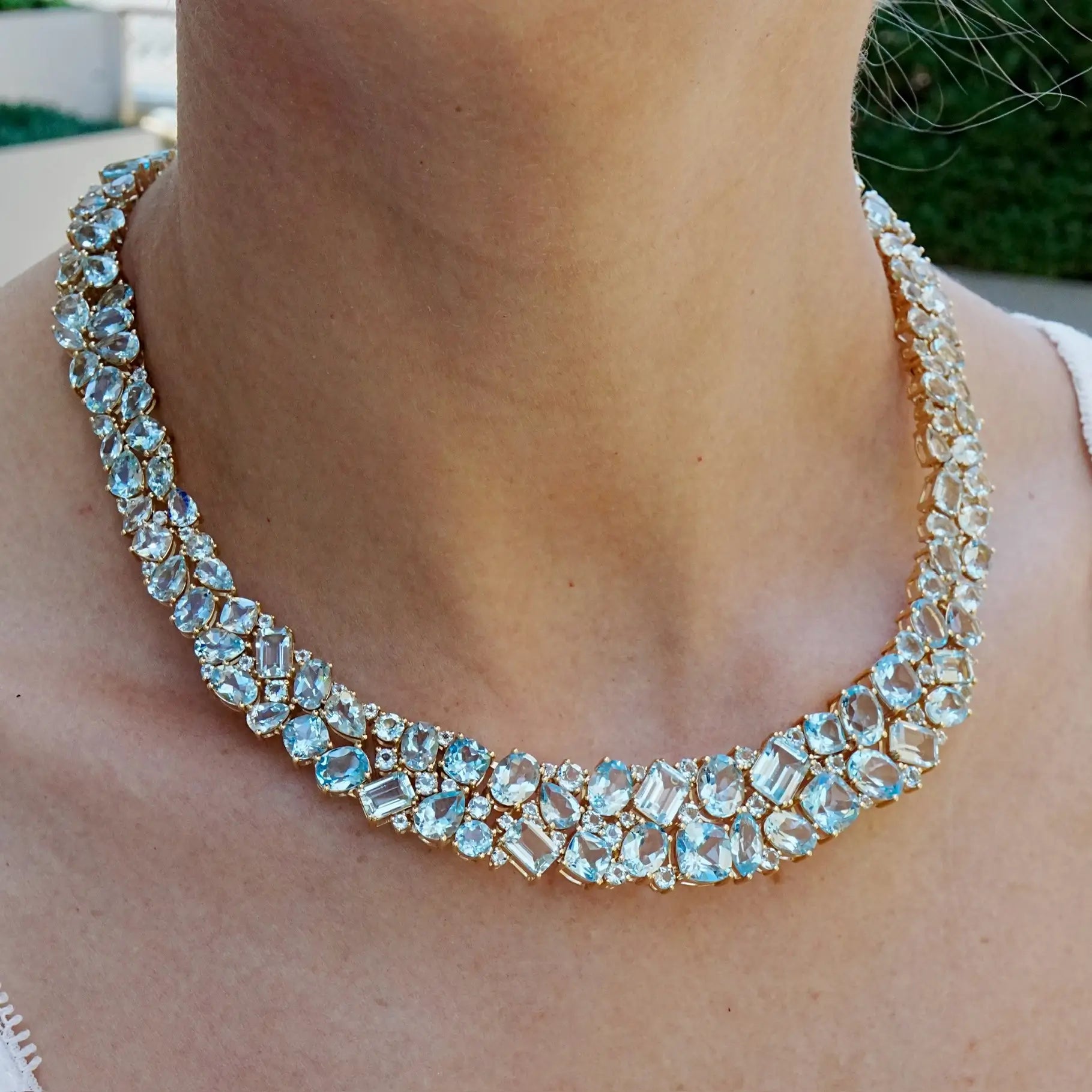Secret Ocean Aquamarine, Topaz & Diamond Collar Necklace 14K yellow gold