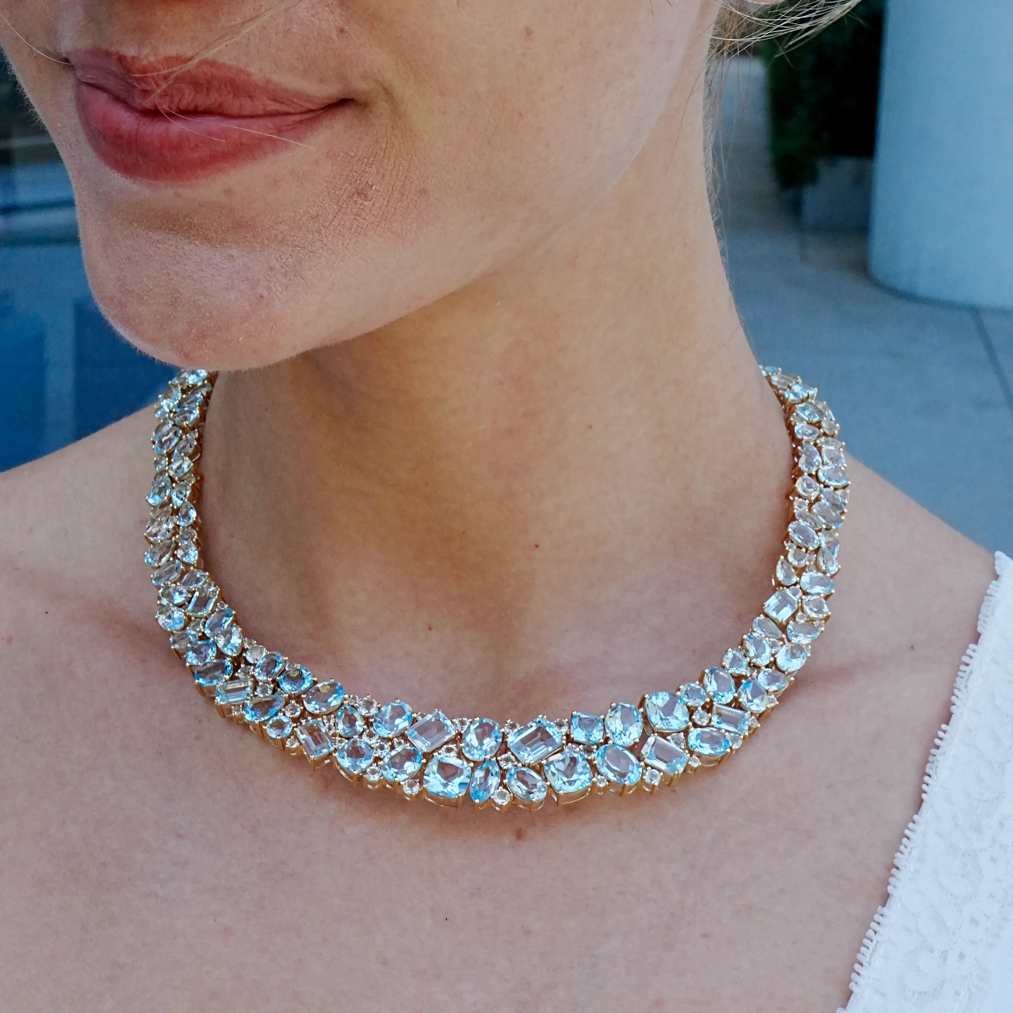 Secret Ocean Aquamarine, Topaz & Diamond Collar Necklace 14K yellow gold