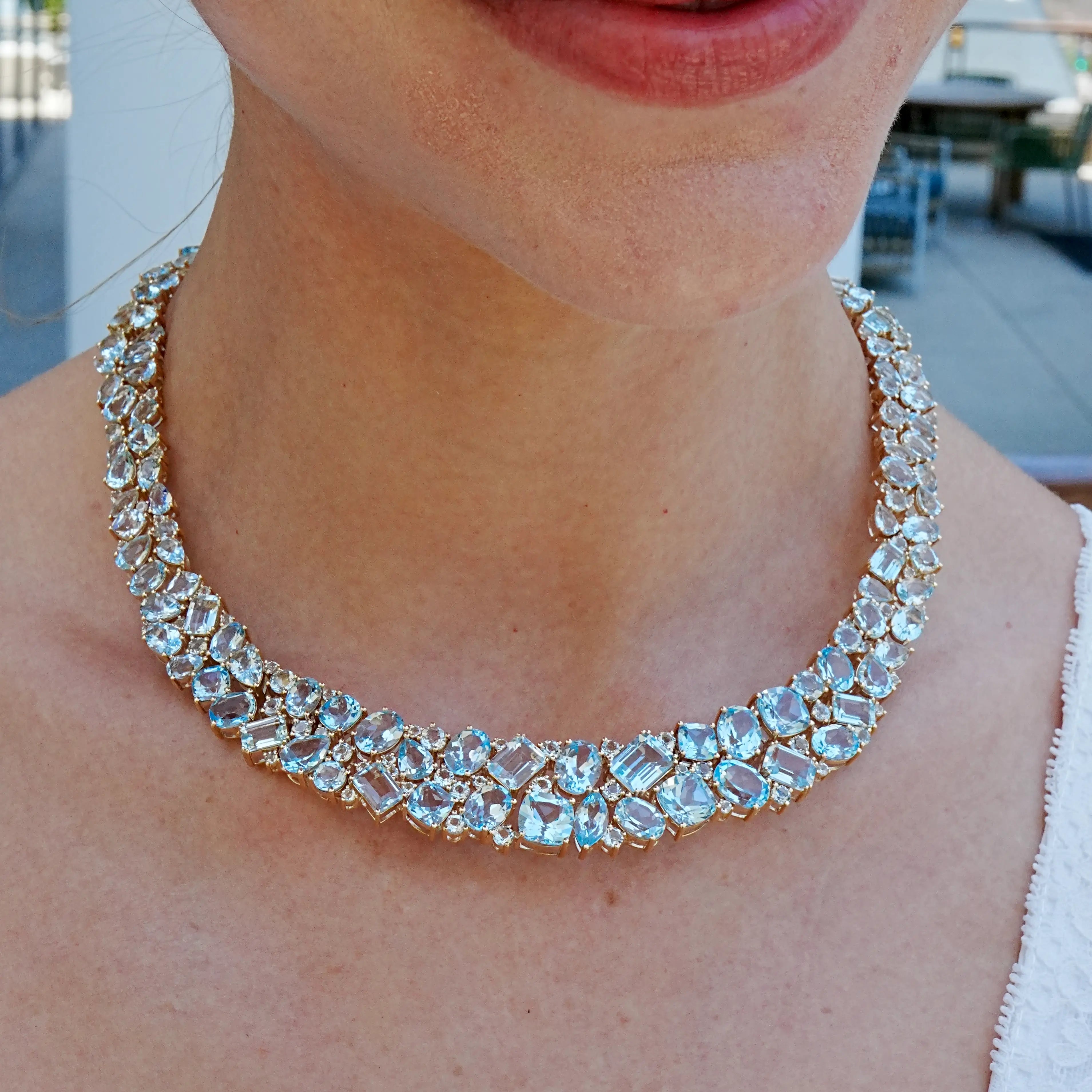 Secret Ocean Aquamarine, Topaz & Diamond Collar Necklace 14K yellow gold