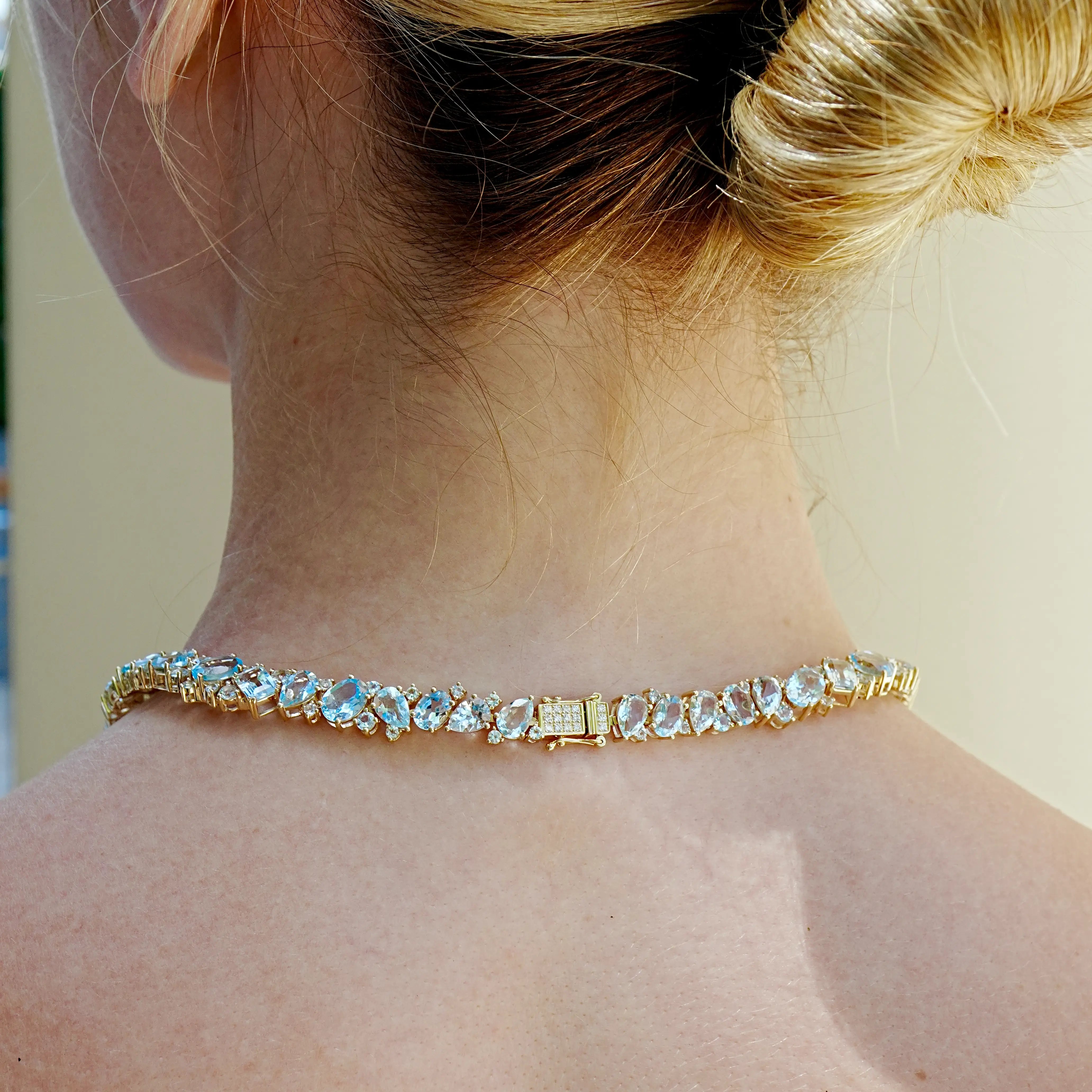 Secret Ocean Aquamarine, Topaz & Diamond Collar Necklace 14K yellow gold