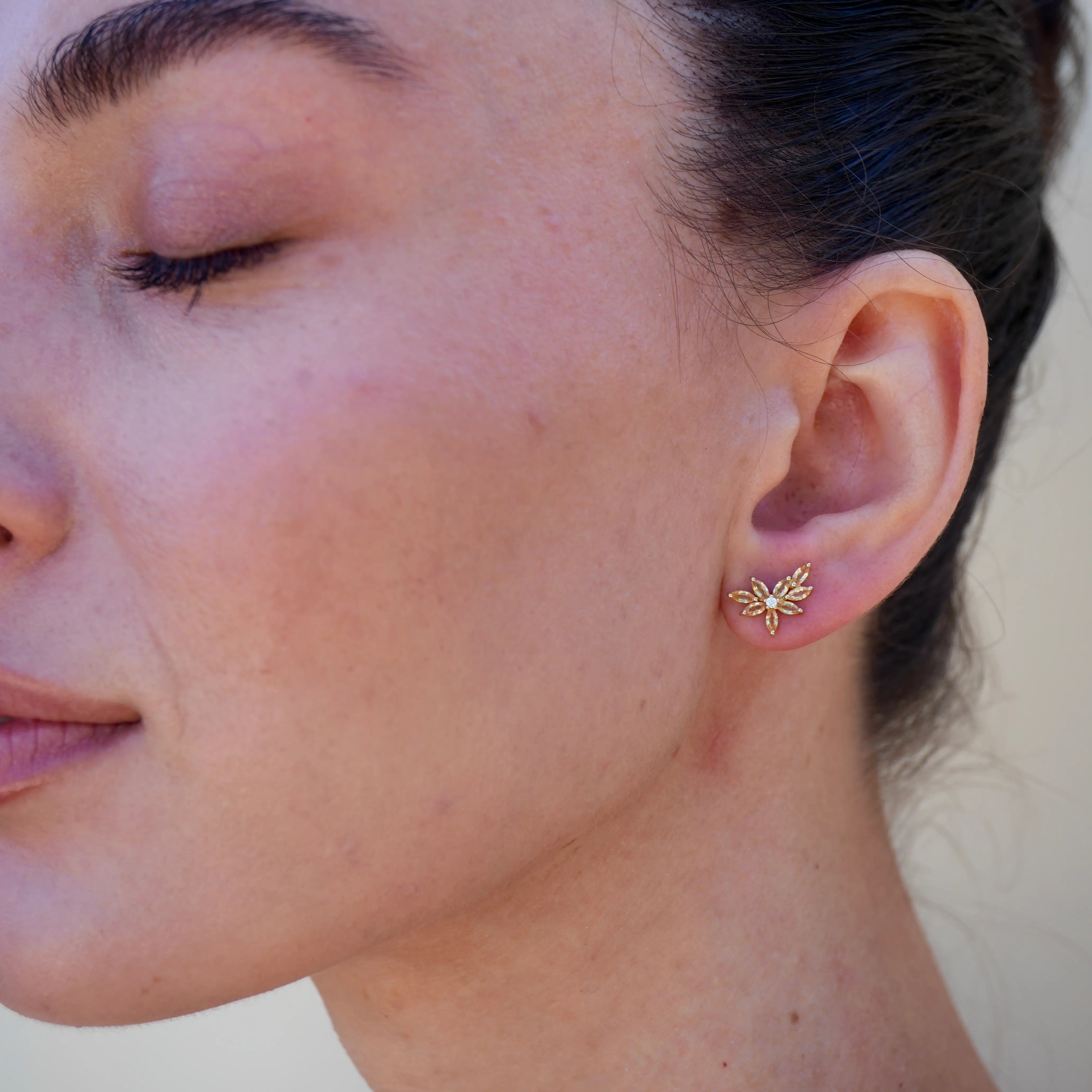 Natural Yellow Sapphire Diamond Cluster Earrings 14k Yellow Gold