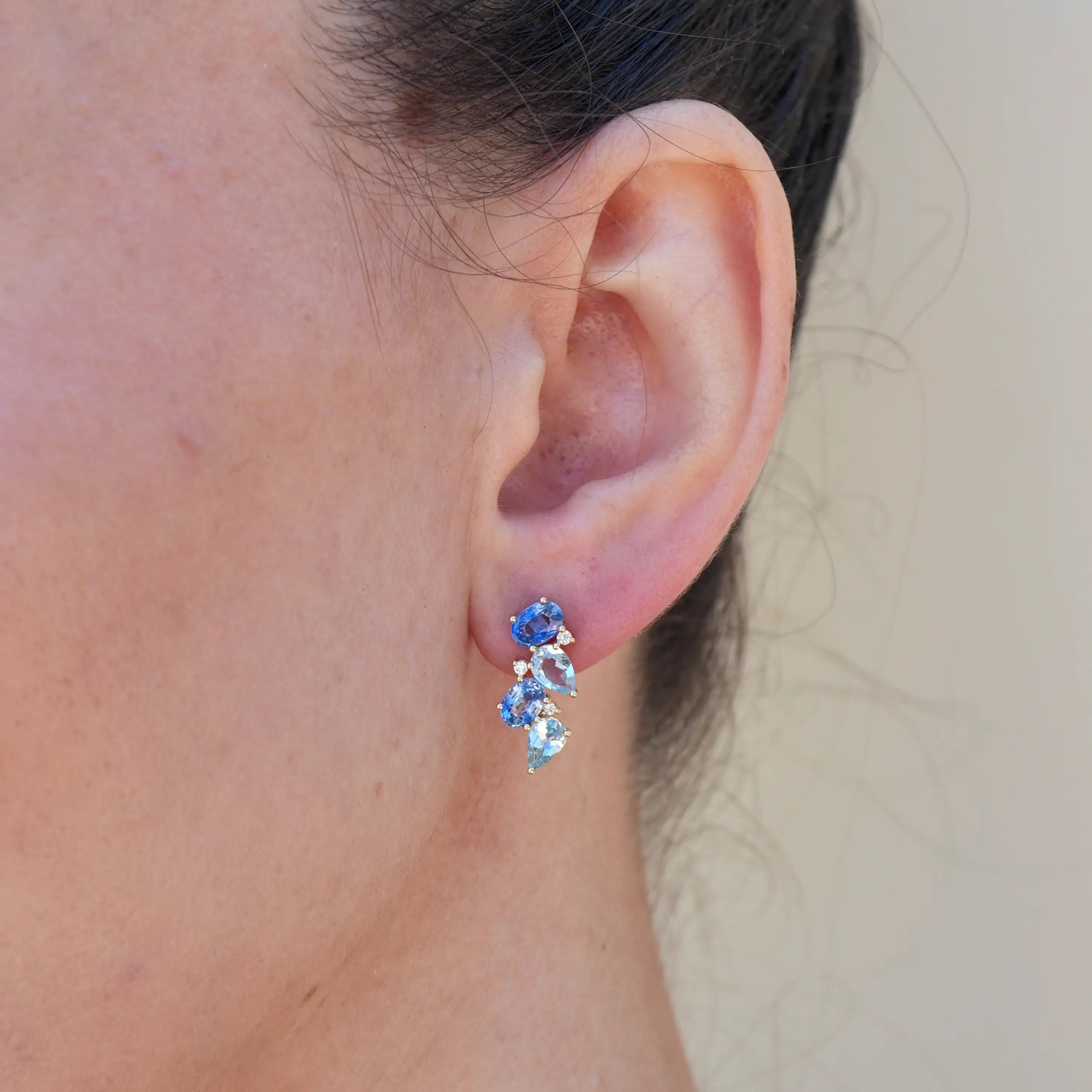 Natural Sapphire, Aquamarine and Diamond Drop Earrings 14k yellow gold