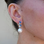 Natural Sapphire, Aquamarine and Diamond Cultured Pearl Drop Earrings 14k yellow gold