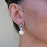 Natural Sapphire, Aquamarine and Diamond Cultured Pearl Drop Earrings 14k yellow gold