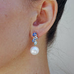 Natural Sapphire, Aquamarine and Diamond Cultured Pearl Drop Earrings 14k yellow gold