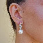 Natural Aquamarine, Morganite and Diamond Pearl Drop Earrings 14k yellow gold