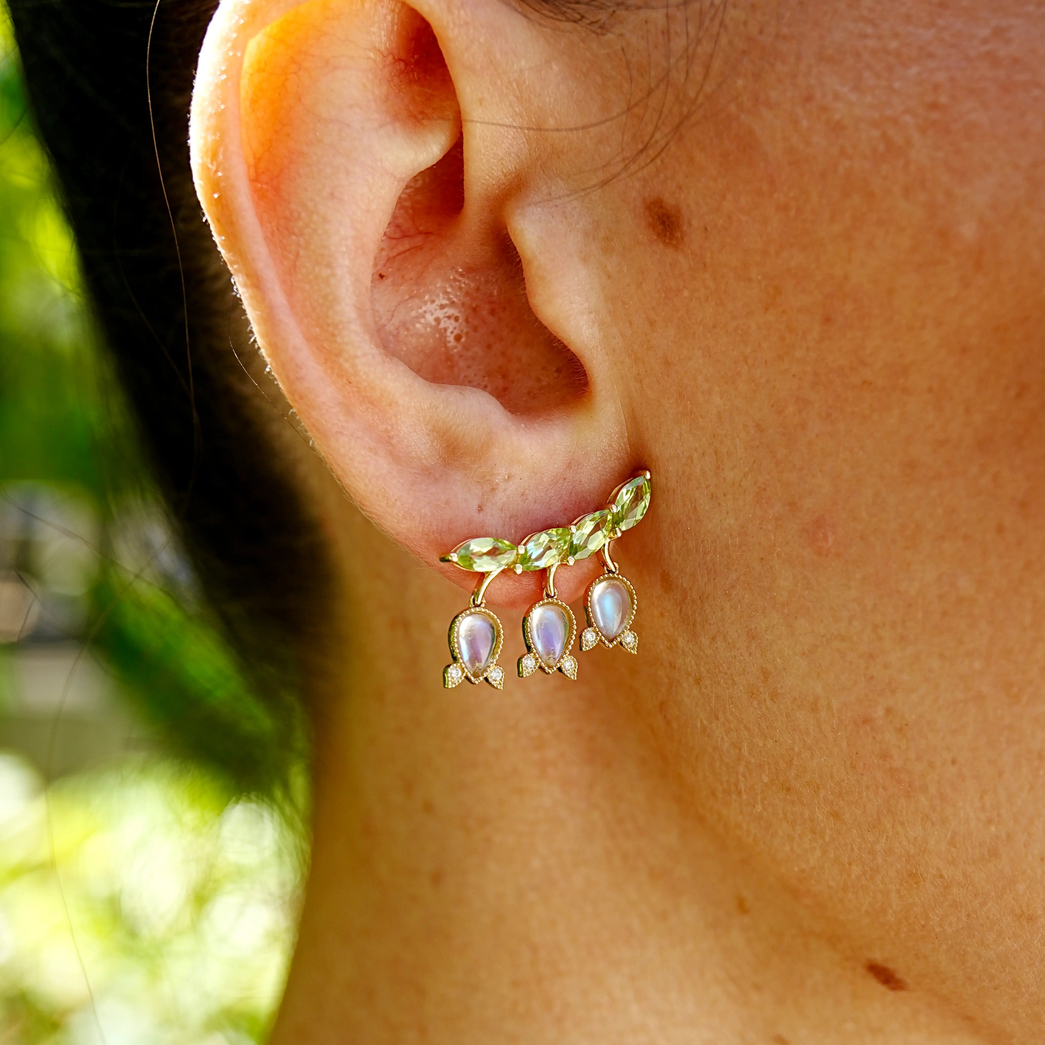 Lily of the Valley Natural Moonstone Peridot Diamond Earrings 14k yellow gold